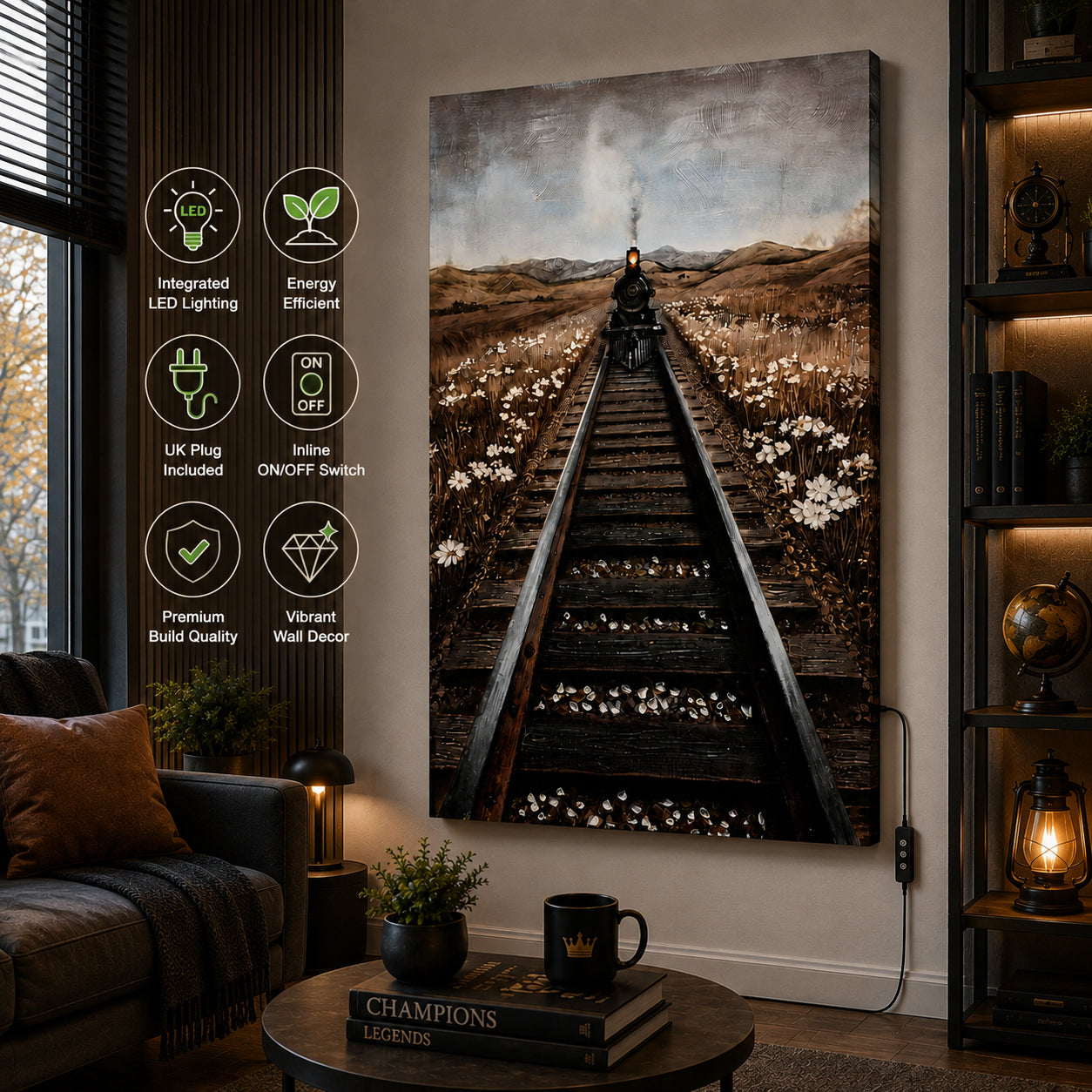 Illuminé Collection LED Wall Art Train on Tracks Illuminated Canvas 80x120cm with UK Plug & ON/OFF Switch