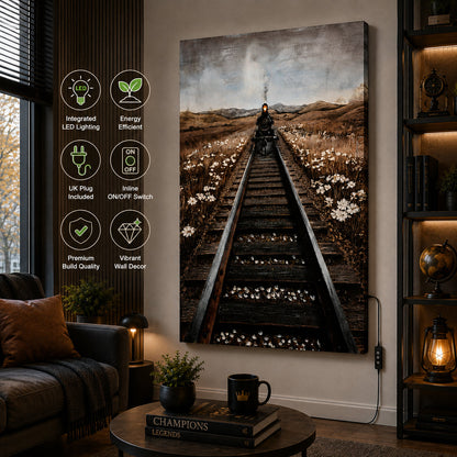 Illuminé Collection LED Wall Art Train on Tracks Illuminated Canvas 80x120cm with UK Plug & ON/OFF Switch