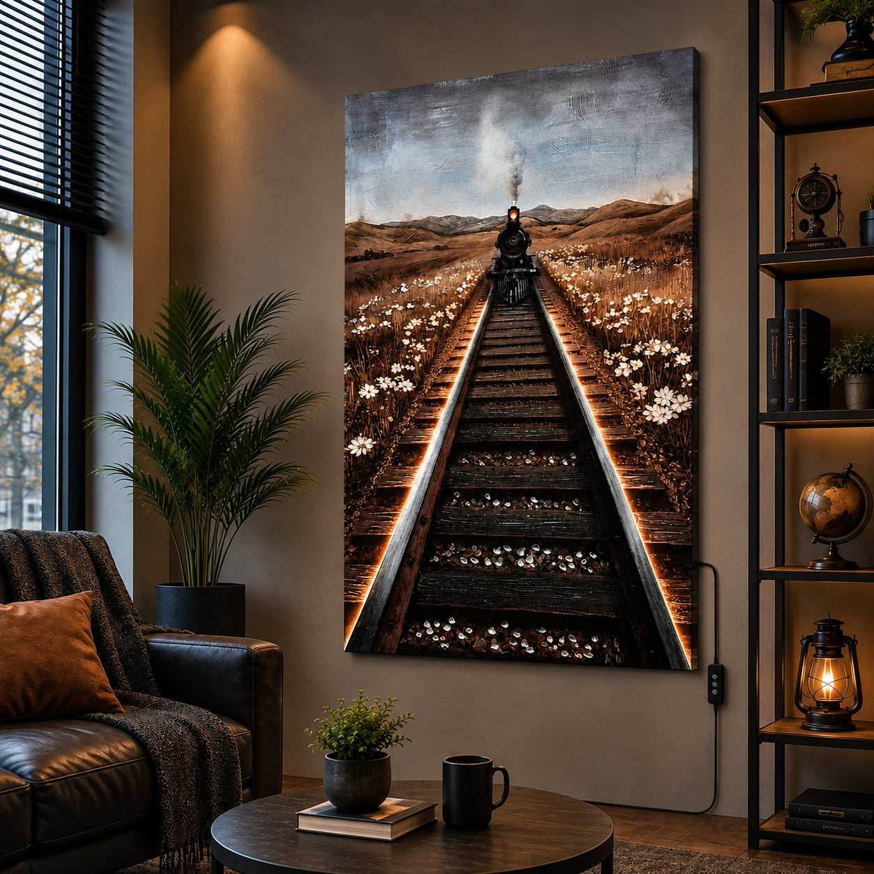 Illuminé Collection LED Wall Art Train on Tracks Illuminated Canvas 80x120cm with UK Plug & ON/OFF Switch