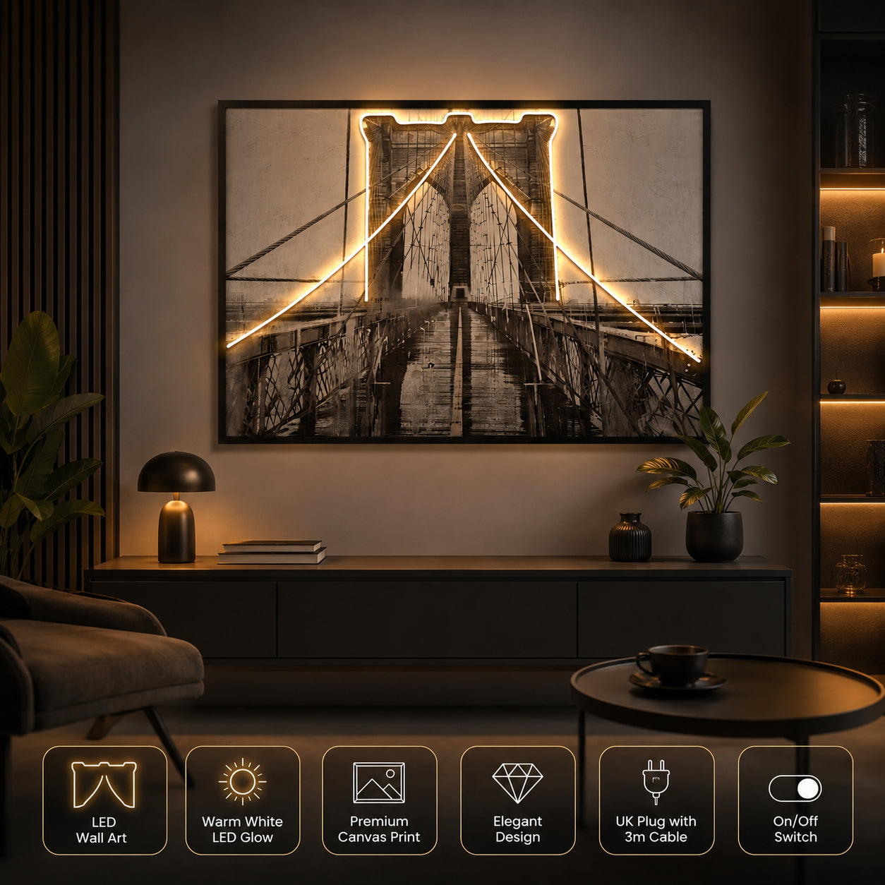 Illuminé Collection LED Wall Art Winter Bridge Illuminated Canvas 123x83cm with UK Plug & ON/OFF Switch
