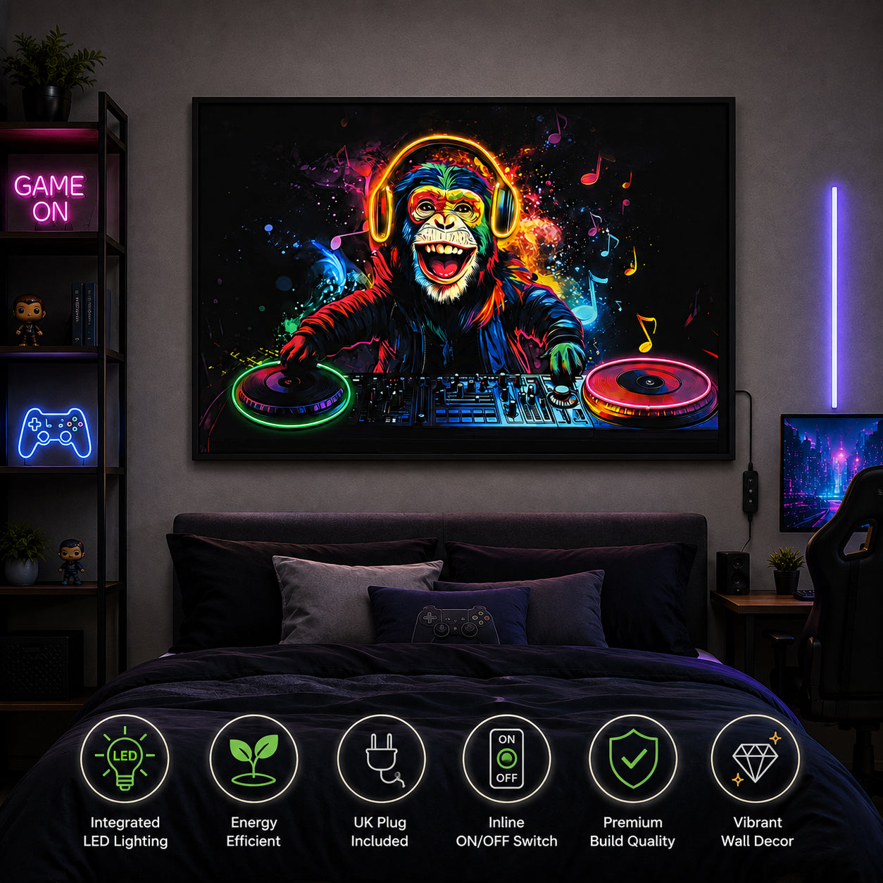 Illuminé Collection LED Wall Art DJ Monkey Illuminated Canvas 123x83cm with UK Plug & ON/OFF Switch