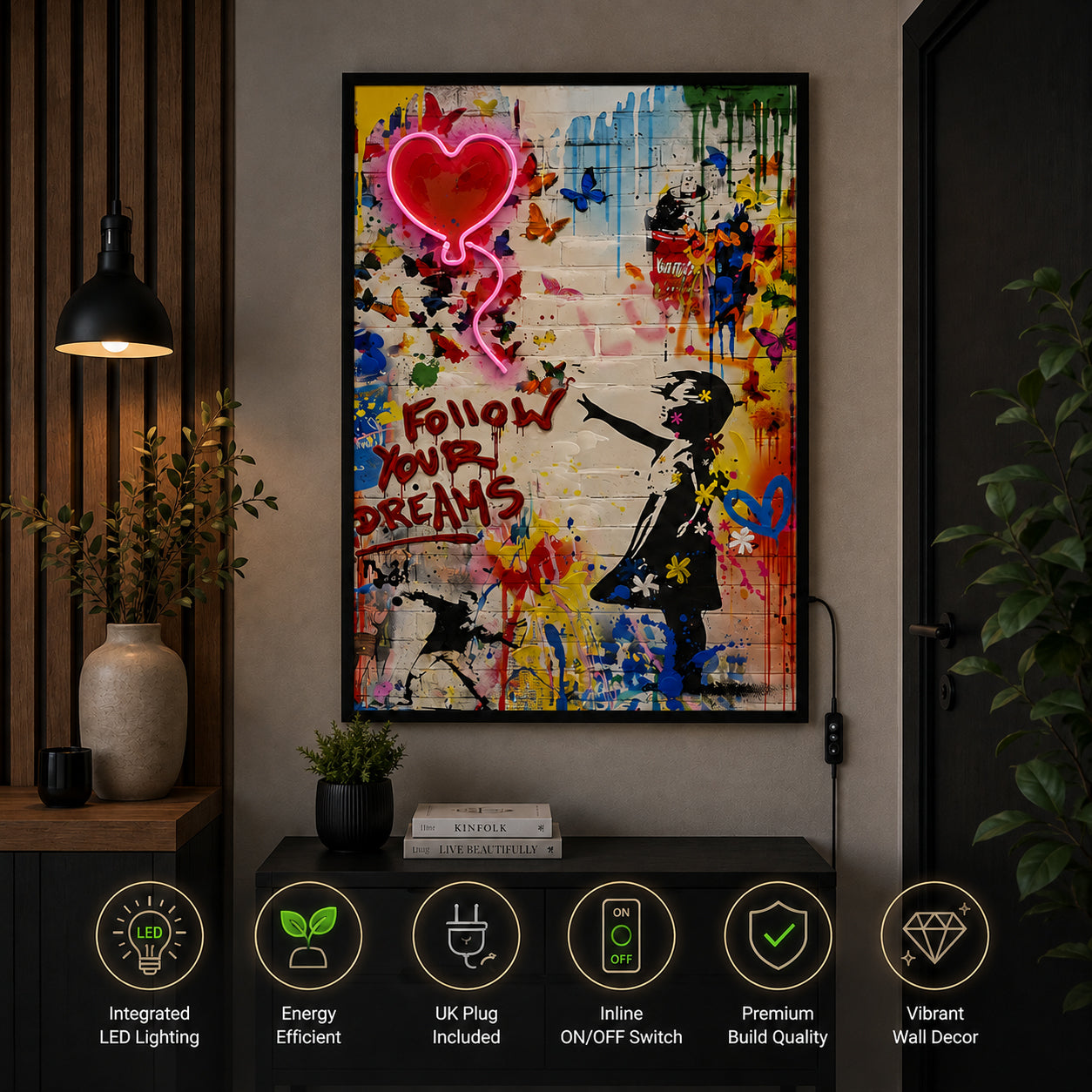 Illuminé Collection LED Wall Art Girl Follow Your Dreams Illuminated Canvas 61.6x91.6cm with UK Plug & ON/OFF Switch