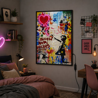 Illuminé Collection LED Wall Art Girl Follow Your Dreams Illuminated Canvas 61.6x91.6cm with UK Plug & ON/OFF Switch