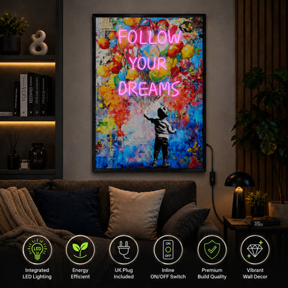 Illuminé Collection LED Wall Art Boy Follow Your Dreams Illuminated Canvas 63x93cm with UK Plug & ON/OFF Switch