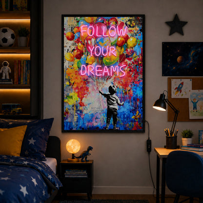 Illuminé Collection LED Wall Art Boy Follow Your Dreams Illuminated Canvas 63x93cm with UK Plug & ON/OFF Switch