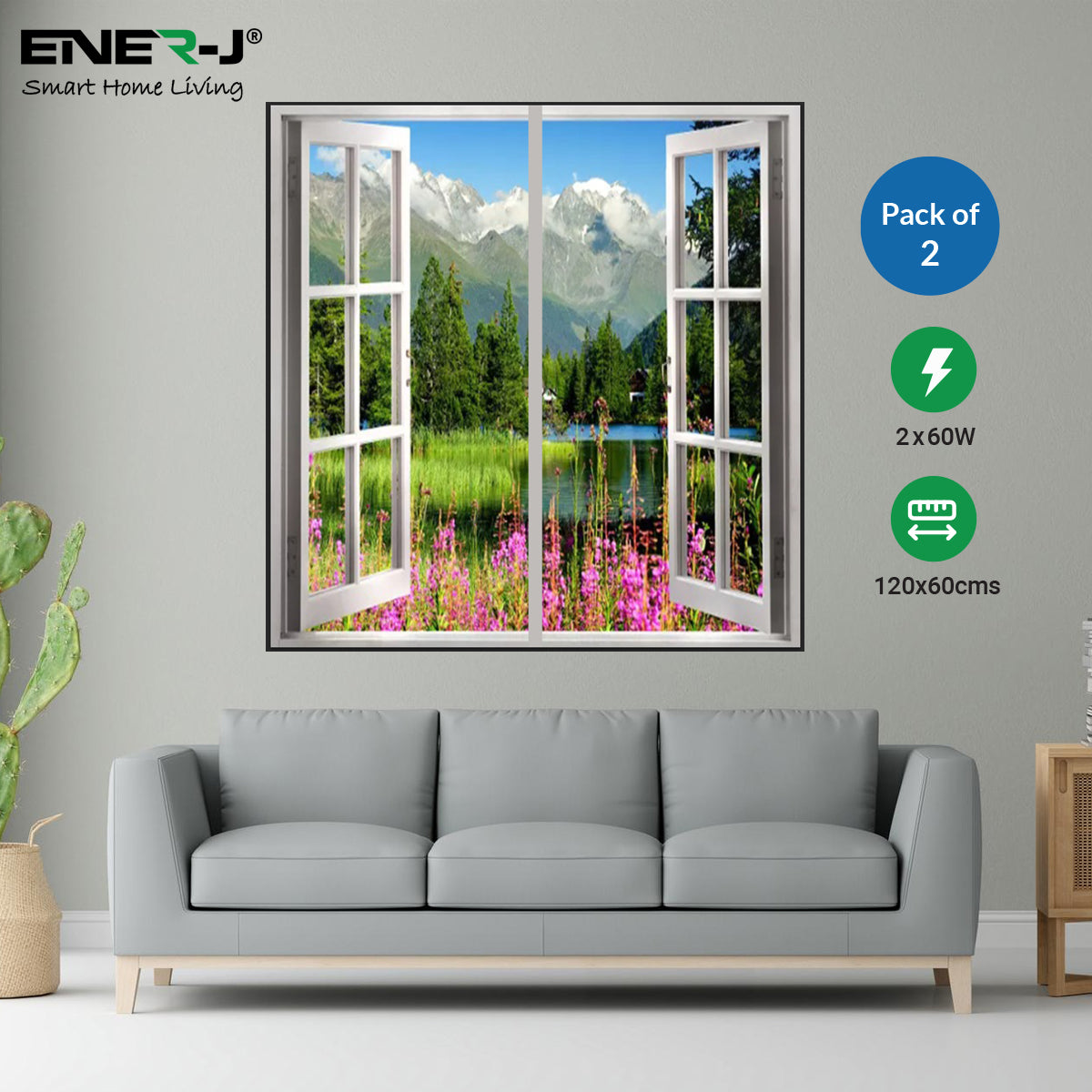 Ener-J LED Landscape Window Panel Set 120x60cm Cloud Covered Mountains 120W