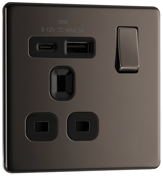 BG Nexus Screwless Flatplate Black Nickel Single, switched, single pole, with 1 x USB A + 1 x USB C - FBN21UAC18B-01