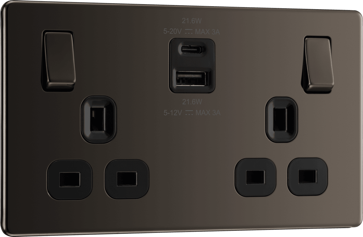BG Nexus Screwless Flatplate Black Nickel Double switched single pole, with USB A + C (22W) - FBN22UAC22B-01