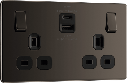BG Nexus Screwless Flatplate Black Nickel Double switched single pole, with USB A + C (22W) - FBN22UAC22B-01