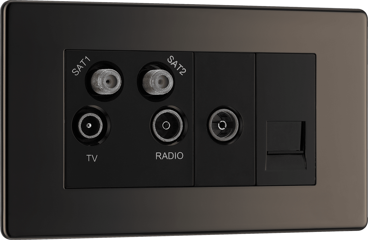 BG Nexus Screwless Flatplate Black Nickel Quadplex 2 x sat, BT outlet and co-ax returned - screened - FBN69-01
