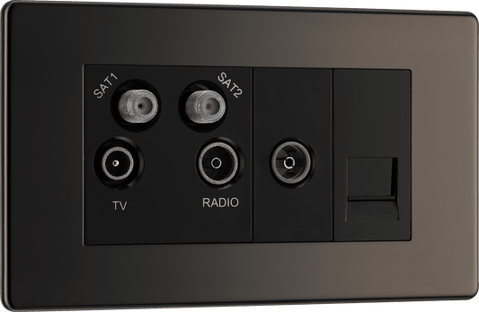BG Nexus Screwless Flatplate Black Nickel Quadplex 2 x sat, BT outlet and co-ax returned - screened - FBN69-01