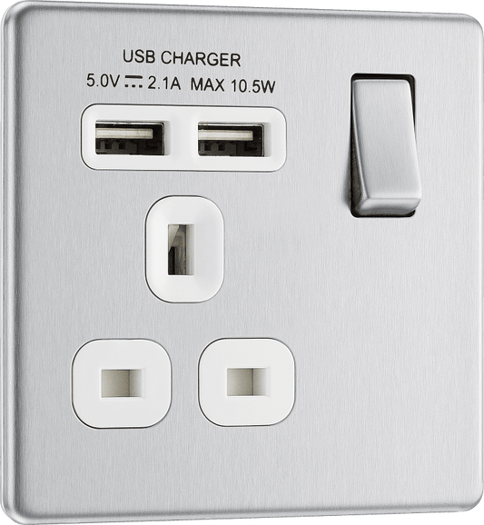 BG Nexus Screwless Flatplate Brushed Steel Single switched, single pole, with 2 x USB A - FBS21U2W-01
