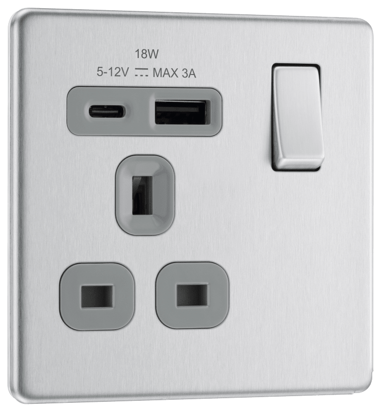 BG Nexus Screwless Flatplate Brushed Steel Single, switched, single pole, with 1 x USB A + 1 x USB C - FBS21UAC18G-01