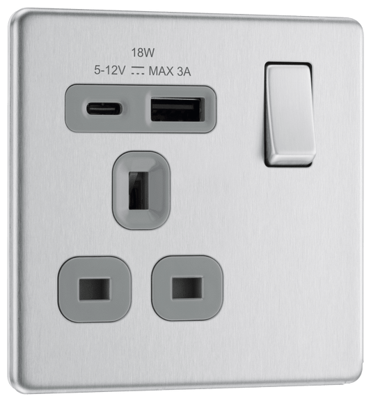 BG Nexus Screwless Flatplate Brushed Steel Single, switched, single pole, with 1 x USB A + 1 x USB C - FBS21UAC18G-01