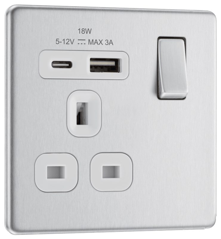 BG Nexus Screwless Flatplate Brushed Steel Single, switched, single pole, with 1 x USB A + 1 x USB C - FBS21UAC18W-01