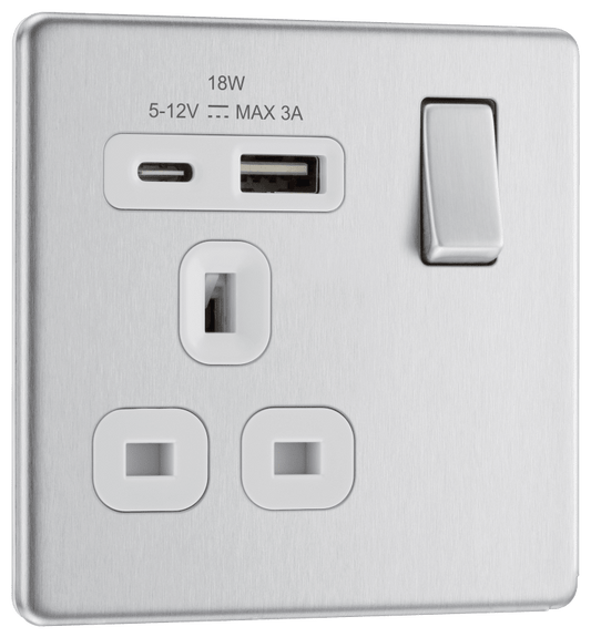 BG Nexus Screwless Flatplate Brushed Steel Single, switched, single pole, with 1 x USB A + 1 x USB C - FBS21UAC18W-01