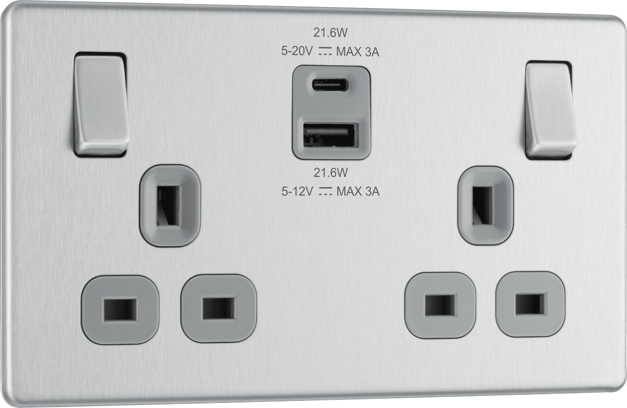 BG Nexus Screwless Flatplate Brushed Steel Double switched single pole, with USB A + C (22W) - FBS22UAC22G-01