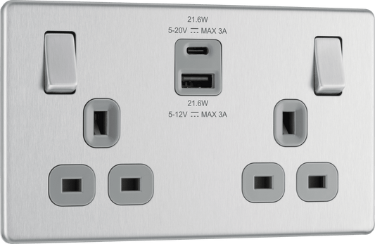 BG Nexus Screwless Flatplate Brushed Steel Double switched single pole, with USB A + C (22W) - FBS22UAC22G-01