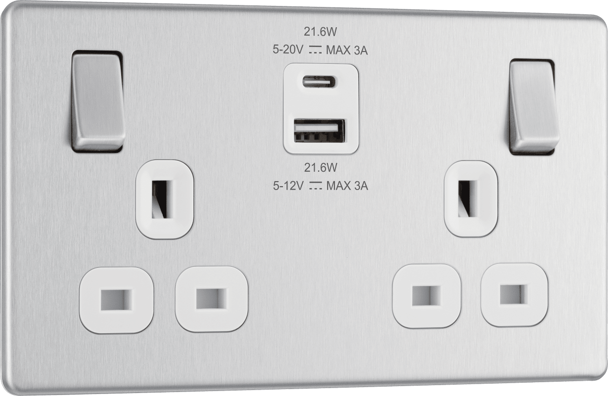 BG Nexus Screwless Flatplate Brushed Steel Double switched single pole, with USB A + C (22W) - FBS22UAC22W-01