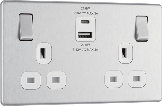 BG Nexus Screwless Flatplate Brushed Steel Double switched single pole, with USB A + C (22W) - FBS22UAC22W-01