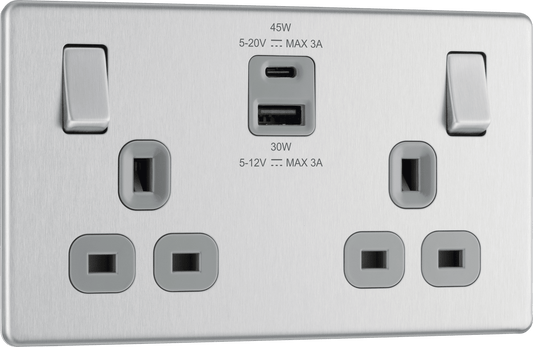BG Nexus Screwless Flatplate Brushed Steel Double switched single pole, with USB A + C (45W) - FBS22UAC45G-01
