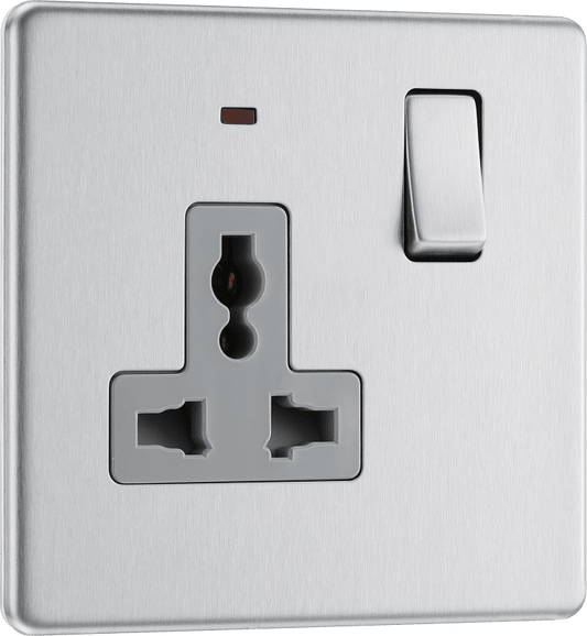 BG Nexus Screwless Flatplate Brushed Steel Single, switched, universal with indicator (export only) - FBS27LG-01