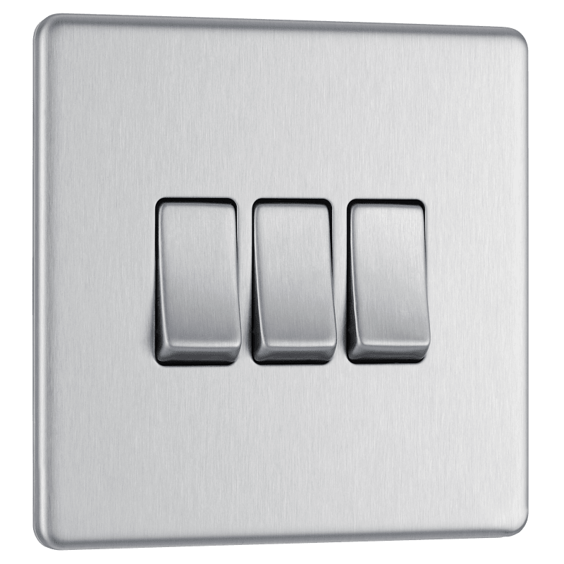 BG Nexus Screwless Flatplate Brushed Steel Triple, 2 way switch - FBS43-01