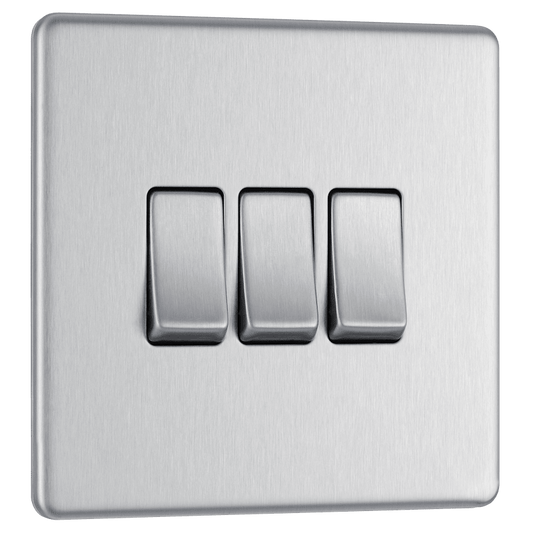 BG Nexus Screwless Flatplate Brushed Steel Triple, 2 way switch - FBS43-01
