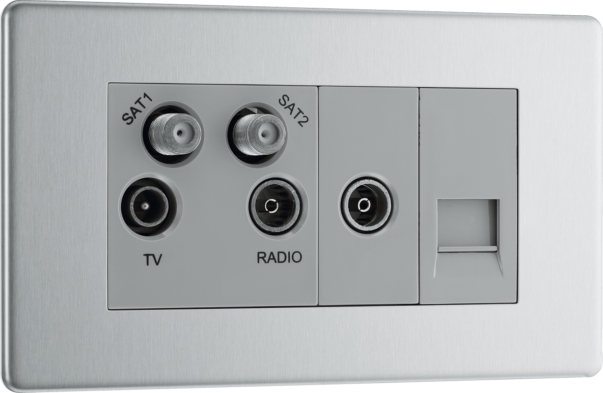 BG Nexus Screwless Flatplate Brushed Steel Quadplex, 2 x sat, BT outlet and co-ax returned - screened - FBS69-01