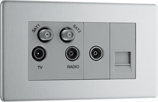 BG Nexus Screwless Flatplate Brushed Steel Quadplex, 2 x sat, BT outlet and co-ax returned - screened - FBS69-01