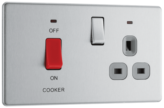 BG Nexus Screwless Flatplate Brushed Steel 45A double pole, with switched socket and indicators - FBS70G-01