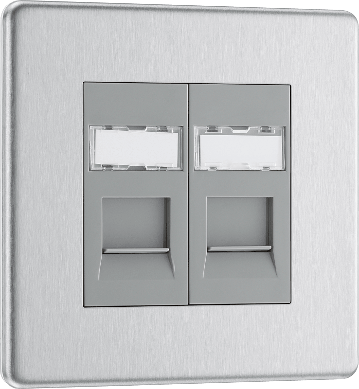 BG Nexus Screwless Flatplate Brushed Steel Double, RJ45 telephone socket - FBSRJ452-01