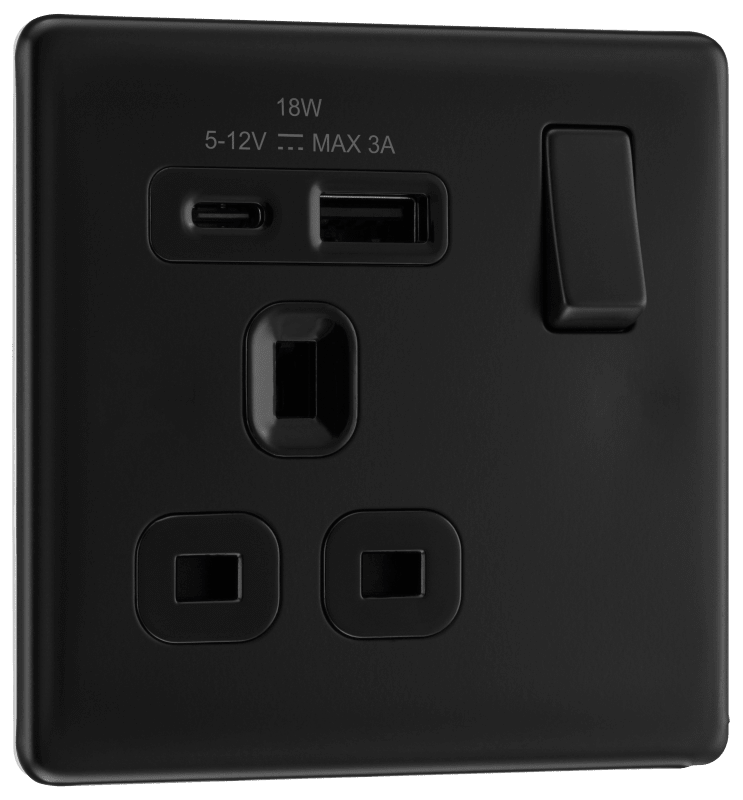 BG Nexus Screwless Flatplate Matt Black Single, switched, single pole, with 1 x USB A + 1 x USB C - FFB21UAC18B-01