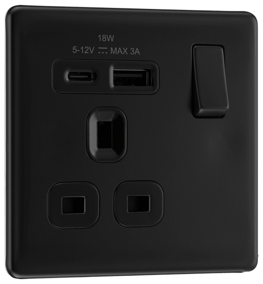 BG Nexus Screwless Flatplate Matt Black Single, switched, single pole, with 1 x USB A + 1 x USB C - FFB21UAC18B-01
