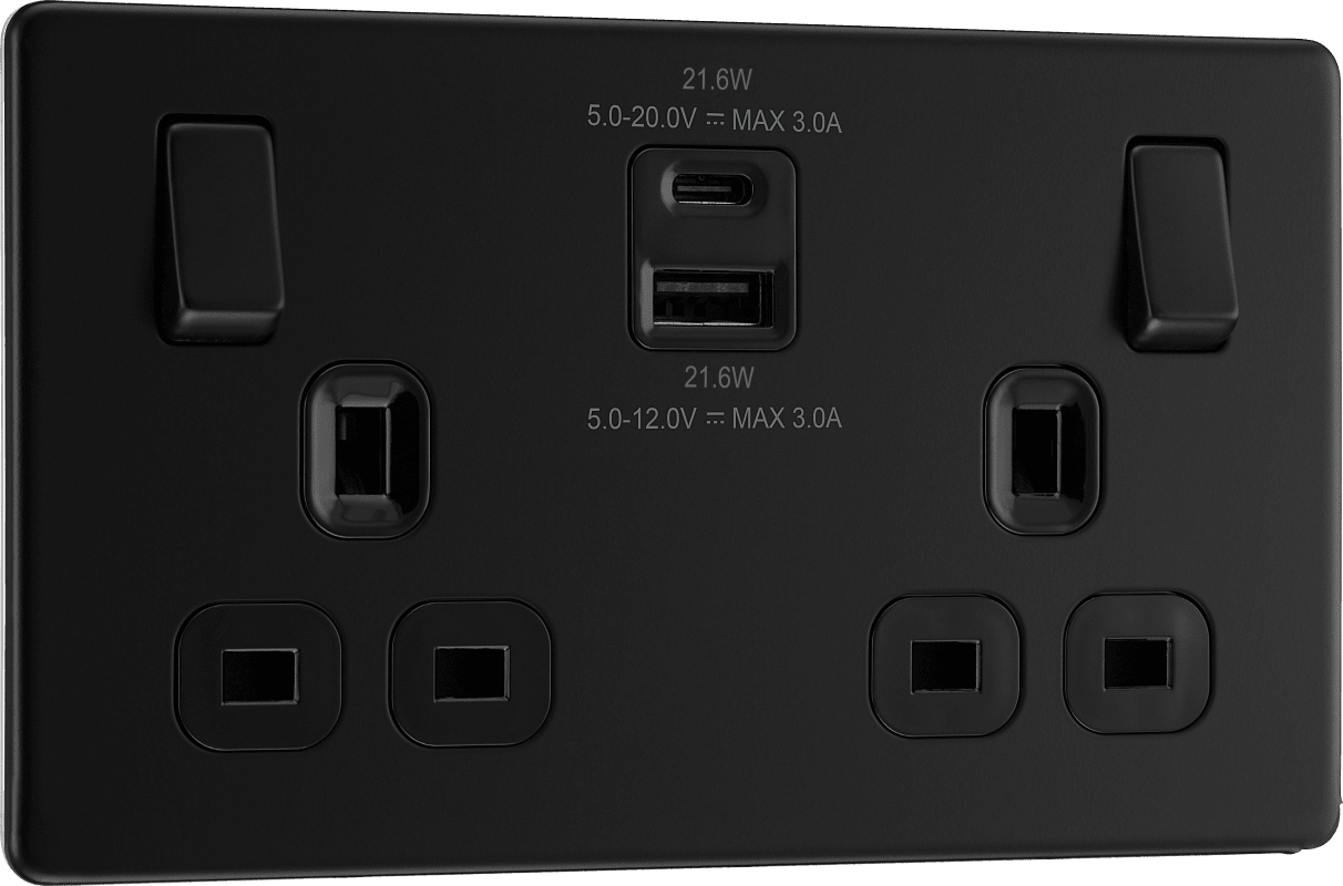 BG Nexus Screwless Flatplate Matt Black Double switched single pole, with USB A + C (22W) - FFB22UAC22B-01