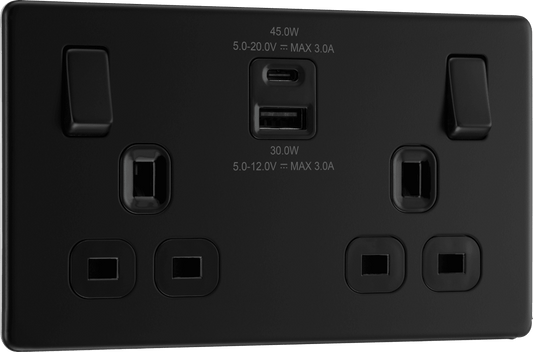 BG Nexus Screwless Flatplate Matt Black Double switched single pole, with USB A + C (45W) - FFB22UAC45B-01