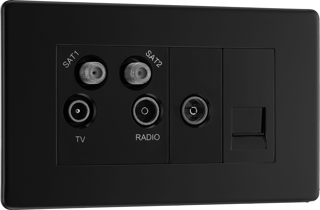 BG Nexus Screwless Flatplate Matt Black Quadplex 2 x sat, BT outlet and co-ax returned - screened - FFB69-01