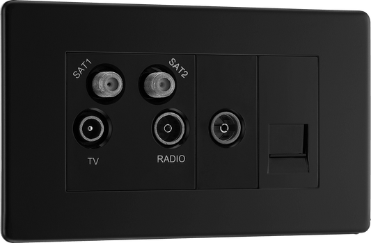 BG Nexus Screwless Flatplate Matt Black Quadplex 2 x sat, BT outlet and co-ax returned - screened - FFB69-01