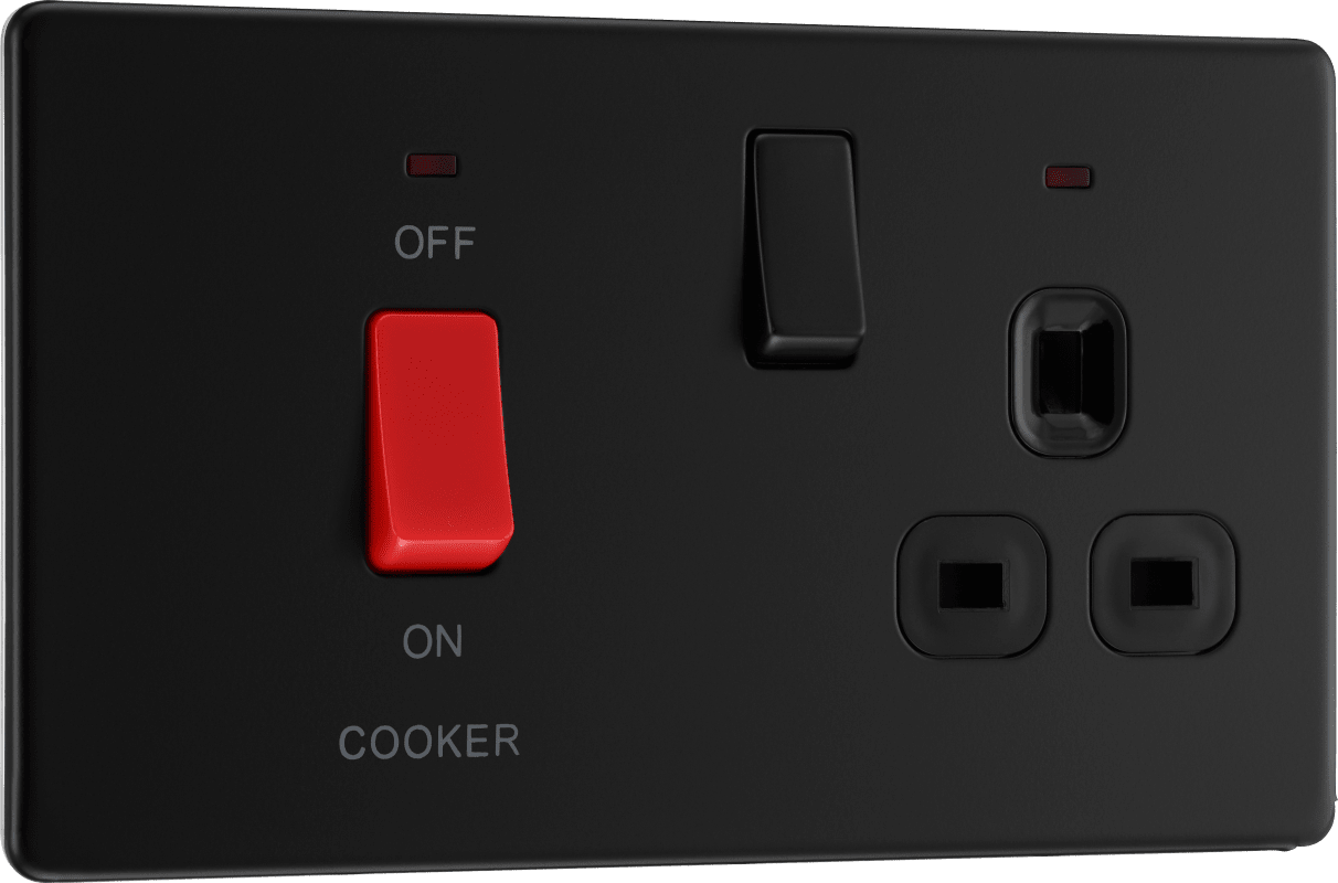 BG Nexus Screwless Flatplate Matt Black 45A double pole, with switched socket and indicators - FFB70B-01