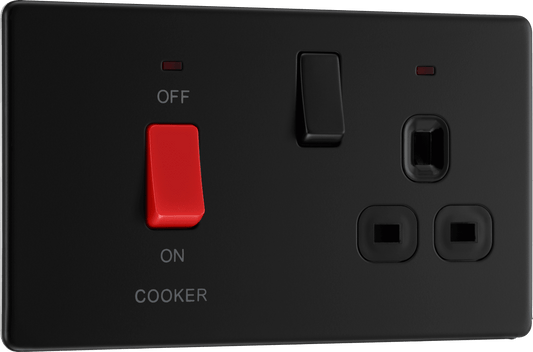 BG Nexus Screwless Flatplate Matt Black 45A double pole, with switched socket and indicators - FFB70B-01