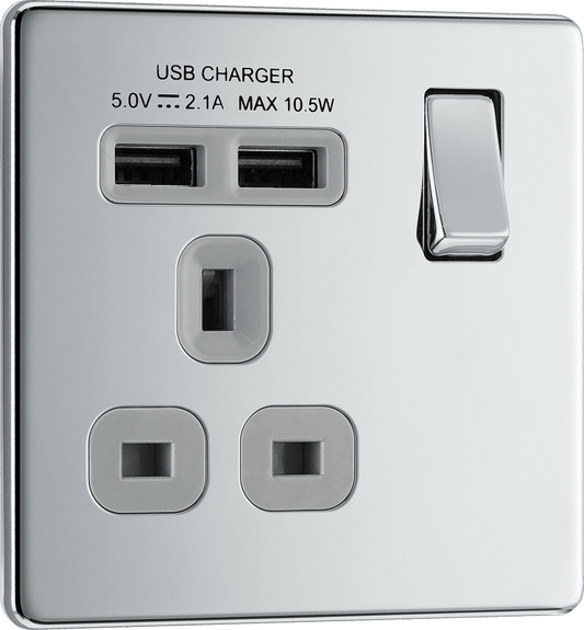 BG Nexus Screwless Flatplate Polished Chrome Single switched, single pole, with 2 x USB A - FPC21U2G-01