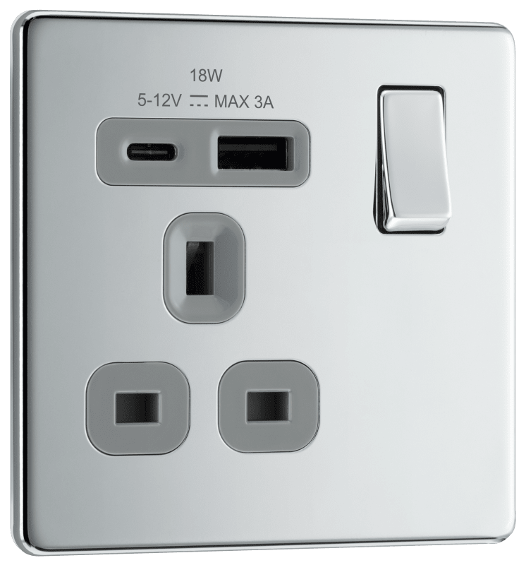BG Nexus Screwless Flatplate Polished Chrome Single, switched, single pole, with 1 x USB A + 1 x USB C - FPC21UAC18G-01
