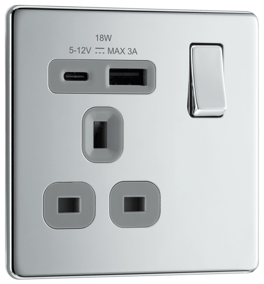 BG Nexus Screwless Flatplate Polished Chrome Single, switched, single pole, with 1 x USB A + 1 x USB C - FPC21UAC18G-01
