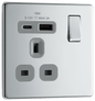 BG Nexus Screwless Flatplate Polished Chrome Single, switched, single pole, with 1 x USB A + 1 x USB C - FPC21UAC18G-01