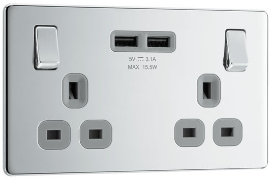 BG Nexus Screwless Flatplate Polished Chrome Double switched, single pole, with 2 x USB A - FPC22U3G-01