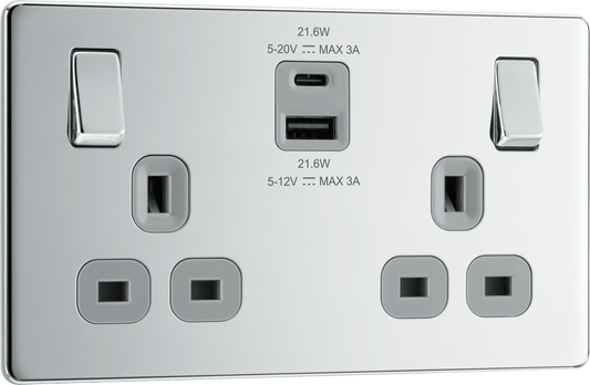 BG Nexus Screwless Flatplate Polished Chrome Double switched single pole, with USB A + C (22W) - FPC22UAC22G-01