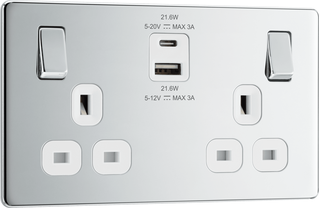 BG Nexus Screwless Flatplate Polished Chrome Double switched single pole, with USB A + C (22W) - FPC22UAC22W-01