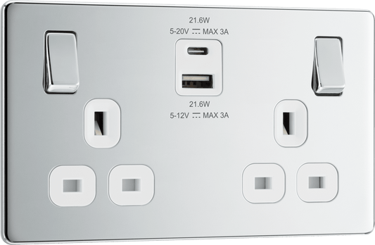 BG Nexus Screwless Flatplate Polished Chrome Double switched single pole, with USB A + C (22W) - FPC22UAC22W-01