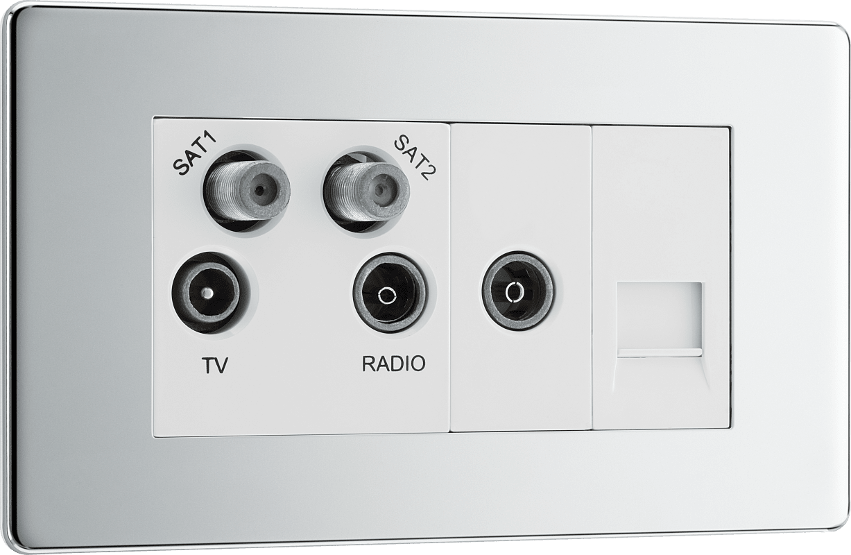 BG Nexus Screwless Flatplate Polished Chrome Quadplex, 2 x sat, BT outlet and co-ax returned - screened - FPC69-01