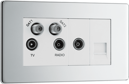 BG Nexus Screwless Flatplate Polished Chrome Quadplex, 2 x sat, BT outlet and co-ax returned - screened - FPC69-01